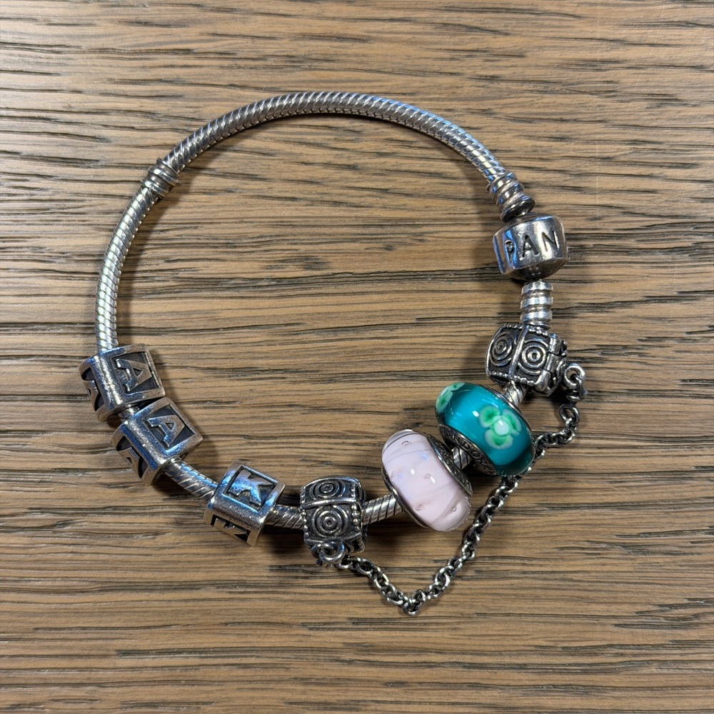 Pandora Silver Charm Bracelet with Green and Pink Glass Beads